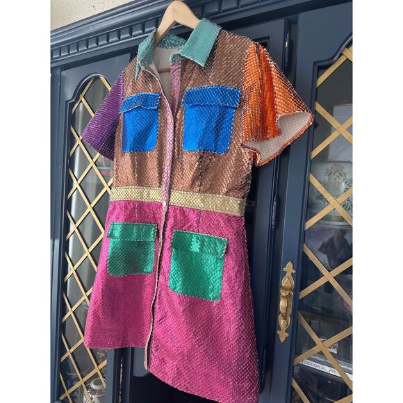 Queen of Sparkles Metallic Colorblock Dress Button Front short sleeve Large - Picture 5 of 12